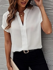 abordables Hauts de Travail pour Femmes-Femme Chemise Chemisier Couleur unie mode Décontractées Manche Courte Col cranté Hauts réguliers du quotidien Noir Blanche Bleu Fuchsia Eté Printemps