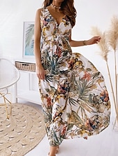 abordables Robes de vacances-Femme Robe Maxi Robe casual mode Décontractées Vacances Casual du quotidien Standard Graphic Sans Manches Col V Noir Blanche Bleu Vert Eté Printemps