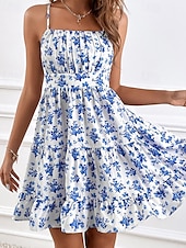 ieftine Rochii casual florale-Pentru femei Rochie Mini Rochie casual Rochie florala Rochie de vară Rochie Slip Modă În aer liber Concediu Dată Fit regulat Ditsy Floral Fără manșon Bretele Spagheti Albastru piscină Vară Primăvară