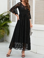 tanie Formalne zimowe-Damskie Sukienka midi Koronkowa sukienka Sukienka maxi Sukienka A line Elegancja Elegancki Codzienny Rozkloszowany rękaw Urlop Impreza Codzienny Regularny Równina Krótki rękaw Półgolf Czarny Wino