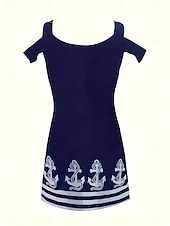 cheap Stripe&amp;Geometric Dress-Women&#039;s Midi Dress T Shirt Dress Tee Dress Sundress Summer Dress Midi Dress Vacation Vintage Tropical Vacation Party Holiday Regular Fit Stripe Short Sleeve Sweetheart Dark Blue Summer Spring
