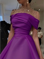 preiswerte Sekt-A-Linie Abendkleid Elegantes Kleid Formal Bodentiefe Kurzarm Illusion Ausschnitt Satin mit Raffung Perlen