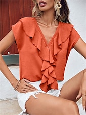 preiswerte Damen Einfache Oberteile-Damen Hemd Bluse Feste Farbe Elegant Täglich Stilvoll Kurzarm Fledermaus Ärmel V Ausschnitt Normale Oberteile Arbeit Täglich Abendgesellschaft Knopf Orange Grün Beige Sommer Frühling