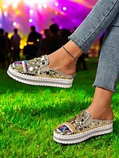 levne Pohodlné sandály-dámské zlaté flitrové tenisky na platformě mules – třpytivé slip-on boty s vyšívanými detaily pro festivaly, párty a street fashion