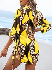 billige Ferie kjoler-Dame Mini kjole Sexy kjole Elegant kjole Elegant Normal Leopard Geometrisk Langermet V-hals Gul Rød Blå Grønn Høst