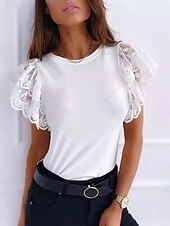 お買い得  レーストップ-女性用 レーススプライシングトップ セクシー ノースリーブ クルーネック レギュラートップス オフホワイト ブラック 夏 春