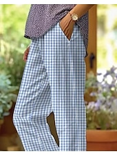 abordables Pantalon droit-Pantalons en Coton Lin pour Femmes Pantalons Amples Similaires au Lin Mode Streetwear Longueur Complète Taille Haute Imprimé Graphique à Carreaux thermique Chaud Respirant Doux Micro-élastique