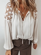 preiswerte Damen Arbeitsoberteile-Damen Bluse Feste Farbe Stilvoll Brautkleider schlicht Langarm V Ausschnitt Normale Oberteile Arbeit Täglich Festtage Spitze Patchwork Weiß Frühling Herbst Winter