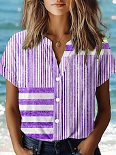 abordables Tops à Rayures et Géométriques pour Femmes-Blouse pour femmes à fleurs élégante vintage quotidienne à manches courtes col régulier tops quotidien similicuir jaune rose bleu poussiéreux violet vert été