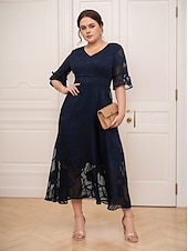 preiswerte Übergrößenkollektion-Damen Plus Size Hochzeitsgast Cocktailkleid Maxi Kleid Spitze Rüsche Party Elegant Formal V-Ausschnitt Halblangschlank Flatterärmel Dunkelblau