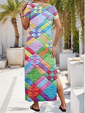 ieftine Rochii cu dungi și geometrice-Pentru femei Rochie Maxi Rochie casual Rochie A line Stilat Casual Vacanță Zilnic Fit regulat Geometric Manșon scurt În V Albastru piscină Primăvară Toamnă