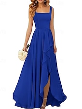 baratos Vestidos para Madrinhas-Linha A Vestido de Madrinha Correias / Decote Quadrado Sem Manga Elegante Longo Chiffon / Elastano com Pregas / Fru-Fru / Pregueado 2022