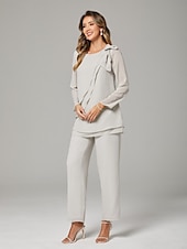 economico Tailleur pantalone della mamma-Tuta a Due Pezzi  Completo da Pantaloni per Madre della Sposa Elegante Taglia Plus Collo a Giada Lunghezza Completa Chiffon Maniche Lunghe con Fiocco(i) Ruches