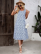 ieftine Rochii boho-Pentru femei Rochii Midi Rochie A line Rochie de vară Casual Vacanță Fit regulat Grafic Geometric Fără manșon Stil Nautic Albastru piscină Vară