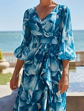 cheap Floor Length-A-Line Mother of the Bride Dress Floral Print Elegant Simple Minimalist V Neck Floor Length Bubble Sleeve Chiffon with Pleats Race Day Dress Wedding Guest Dress