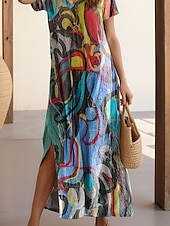 billige Kunst og Design Kjoler-Dame Maxikjole Uformell kjole Kjole med A-linje Stilfull Fritid Feriereise Daglig Normal Geometrisk Kortermet V-hals Colourful Sommer Vår