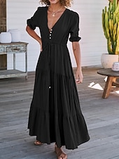 cheap Casual Dress-Women&#039;s Maxi Dress Casual Dress Swing Dress A Line Dress Casual Vacation Daily Regular Fit Plain Short Sleeve V Neck Black Navy Blue Fuchsia Green Summer