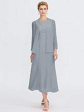 voordelige Met Jas-Strand Bruiloft Twee Delige Sheath Moeder van de Bruid Jurk Bruids Gast Elegante Plus Size Edelsteenhals Thee Lengte Chiffon Mouwloos Wrap Inbegrepen met Ceintuur  Riem Plooien Beading 2025