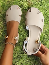 economico Sandali Piani-sandali bassi beige da donna con design ritagliato – eleganti scarpe aperte con cinturino posteriore per look estivi, casual e da vacanza