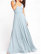 baratos Vestidos para Madrinhas-Linha A Vestido de Madrinha Decote V Sem Manga Azul Longo Chiffon / Elastano com Faixa / Fita / Pregueado / Cor Única 2022
