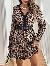 preiswerte Ausgefallene Kleider-Damen Minikleid Casual kleid A Linie Kleid Boho-Kleid Stilvoll Brautkleider schlicht Urlaub Täglich Regular Fit Leopard Langarm V Ausschnitt Braun Sommer