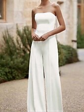 voordelige bruiloft jumpsuits/broekpak-Bruidsjurken Jumpsuits Off Schouder Mouwloos Vloerlengte Rekbaar Stof Bruidsjumpsuit met Kant Bovenkant Effen Kleur