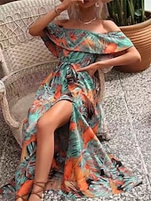 preiswerte Blumenkleider-Damen Midi Kleid Korsett Kleid Rüschens Kleid Off-the-Shoulder Kleid Urlaub Strand Urlaub Täglicher Regular Fit Grafik Kurzarm Off-Shoulder Gelb Hellgrün Himmelblau Orange Sommer