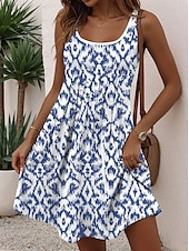 preiswerte Boho Kleider-Damen Normal Minikleid A Linie Kleid Tank-Top Kleid Sommerkleid Urlaub Stilvoll Brautkleider schlicht Urlaub Täglich Regular Fit Graphic Geometrisch Ärmellos Rundhalsausschnitt Blau Sommer