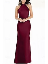 abordables Robes de demoiselle d&#039;honneur-Sirène / Trompette Robe de Demoiselle d&#039;Honneur  Col Halter Manche Courte Élégant Longueur au sol Satin avec Noeud(s) 2022