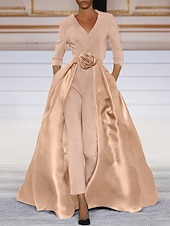 economico Lunghezza del pavimento-Jumpsuit con sovraspettacolo Abito per la madre della sposa Abito elegante semplice nero scollo a V strascico  strascico in tessuto elasticizzato maniche a tre quarti con colore solido dress to