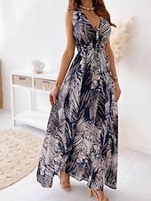 abordables Robes de vacances-Femme Robe Maxi Robe casual mode Décontractées Vacances Casual du quotidien Standard Graphic Sans Manches Col V Noir Blanche Bleu Vert Eté Printemps