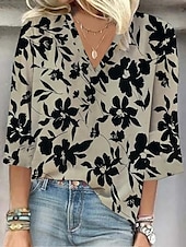 voordelige Bloemen tops-Dames Shirt Bloemen Stijlvol Strand Korte Mouw V Hals Regular Tops Dagelijks Print Grijs Lente Herfst