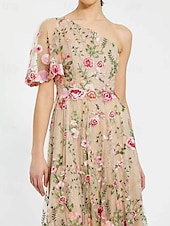 preiswerte Bodenlänge-Blumengesticktes A-Linie Kleid Mutter der Braut Kleid Elegant Vintage Ein-Schulter Knöchellang Tüll Kurzarm mit Blume Hochzeitsgastkleid