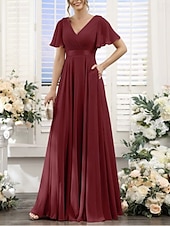 baratos Vestidos para Madrinhas-Linha A Vestido de Madrinha Decote V Manga Curta Elegante Longo Chiffon com Franzido 2022