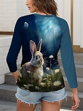 cheap Easter T Shirt-Easter Women&#039;s Blouse Ombre Graphic Animal Modern Casual Long Sleeve V Neck Regular Tops Daily Print Blue Summer Spring