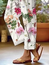 ieftine pantaloni cu picior drept-Pantaloni din bumbac și in pentru femei pantaloni baggy asemănători cu in modă stradală lungime completă talie înaltă imprimeu floral grafic termic cald respirabil moale micro-elastic exterior zilnic