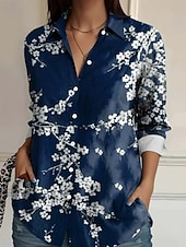 billige Blomstrete topper-Dame skjorte langermet knappe-ned bluse dyre geometrisk uformell skjorte krage vanlige topper arbeid daglig knapper trykk blå vår høst vinter