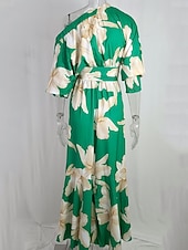 preiswerte Blumenkleid-Damen Midikleid Wickelkleid A Linie Kleid Figurbetontes Kleid Schulterfreies Kleid Urlaub Urlaub Täglich Regular Fit Blumen Graphic Langarm Ein-Schulter Gelb Grün Sommer