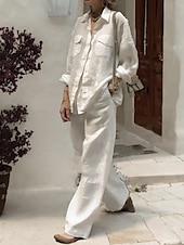economico Set in cotone e lino-Per donna Moda Streetwear Quotidiano Camicia Set ispirati al lino Set da due pezzi Pantaloni a Gamba Larga Manica Lunga Colletto a Camicia Semplice Casuale Quotidiano Bianco Rosa Verde militare Estate
