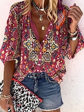 levne Boho topy-Dámské Košile Halenka Grafika Elegantní Denní stylové 3/4 délka rukávu Stojáček Běžné topy Denní Dovolená Jdeme ven Knoflíky Rubínově červená Trávová zelená Duhová Šedá Léto Jaro Podzim