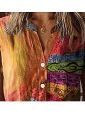 economico Top a Righe e Geometrici per Donne-Camicia da donna a maniche corte con scollatura a V e bottoni blusa floreale elegante vintage tropicale colletto regolare top quotidiani stampa arancione estate