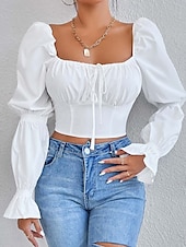 voordelige Elegante topjes-Dames Wrap crop top Elegant Lange mouw U-hals Croptops Zwart Wit Zomer Lente