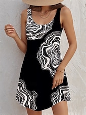 ieftine Rochii florale-Pentru femei Rochie Mini Rochie Mini Rochie de Vară Rochie A line Rochie Tip Maieu Epocă Stilat Casual Vacanță Zilnic Concediu Potrivire Largă Abstract Fără manșon Stil Nautic Negru Alb Vară Primăvară