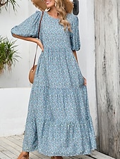 cheap Floral Dress-Women&#039;s Maxi Dress Puff Sleeve Dress Casual Lantern Sleeve Vacation Casual Daily Regular Fit Graphic 3/4 Length Sleeve Crew Neck Light Blue Summer
