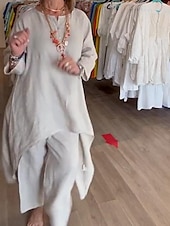 preiswerte Kleider-Damen Leinen-inspirierte Kleider Mode Streetwear Alltagskleidung Date Normale Passform Einfarbig Langarm Rundhalsausschnitt Gelb Grün Hellgrau Frühling Herbst