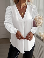 voordelige Dames eenvoudige tops-Dames Overhemd Blouse Effen Kleur Stijlvol Casual Lange mouw V-hals Normale tops Dagelijks Kant Lapwerk Wit Zomer Lente