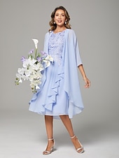 levne S bundou-Dvoudílné A-Linie Šaty Matky Nevěsty Svatební Host Elegantní Kulatý Výstřih Délka Kolen Chiffon Krajka Bez Rukávů Kabátové Šaty s Přívody Appliques