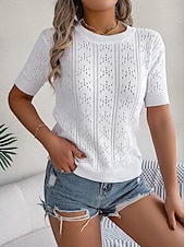 abordables Hauts en dentelle-Femme Pull en maille torsadée Pullover Le style mignon du quotidien mode Couleur unie A côtes Col Ras du Cou Ouvert Tricoté Manches à volants Manches courtes Hauts réguliers Tricoter Intérieur Soirée