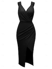 abordables Robe Simple-Robe Midi Femme Robe d&#039;Été Uni Robe Bodycon Hors des Épaules Robe Semi-Formelle Invité de Mariage Cocktail Soirée Ajustement Normal Graphique Sans Manches Col V Noir Vert Bleu Clair