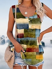 abordables Débardeurs &amp; Camisoles Femme-Débardeur femme à carreaux décontracté stylé sans manches col ras du cou pour le quotidien imprimé boutons été vert printemps